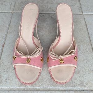 Chanel Pink Gold Clover canvas Peep Toe Slides